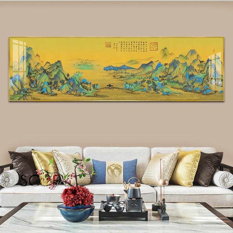 千里江山图挂画新中式装饰画横款高清客厅沙发背景墙面壁画山水画