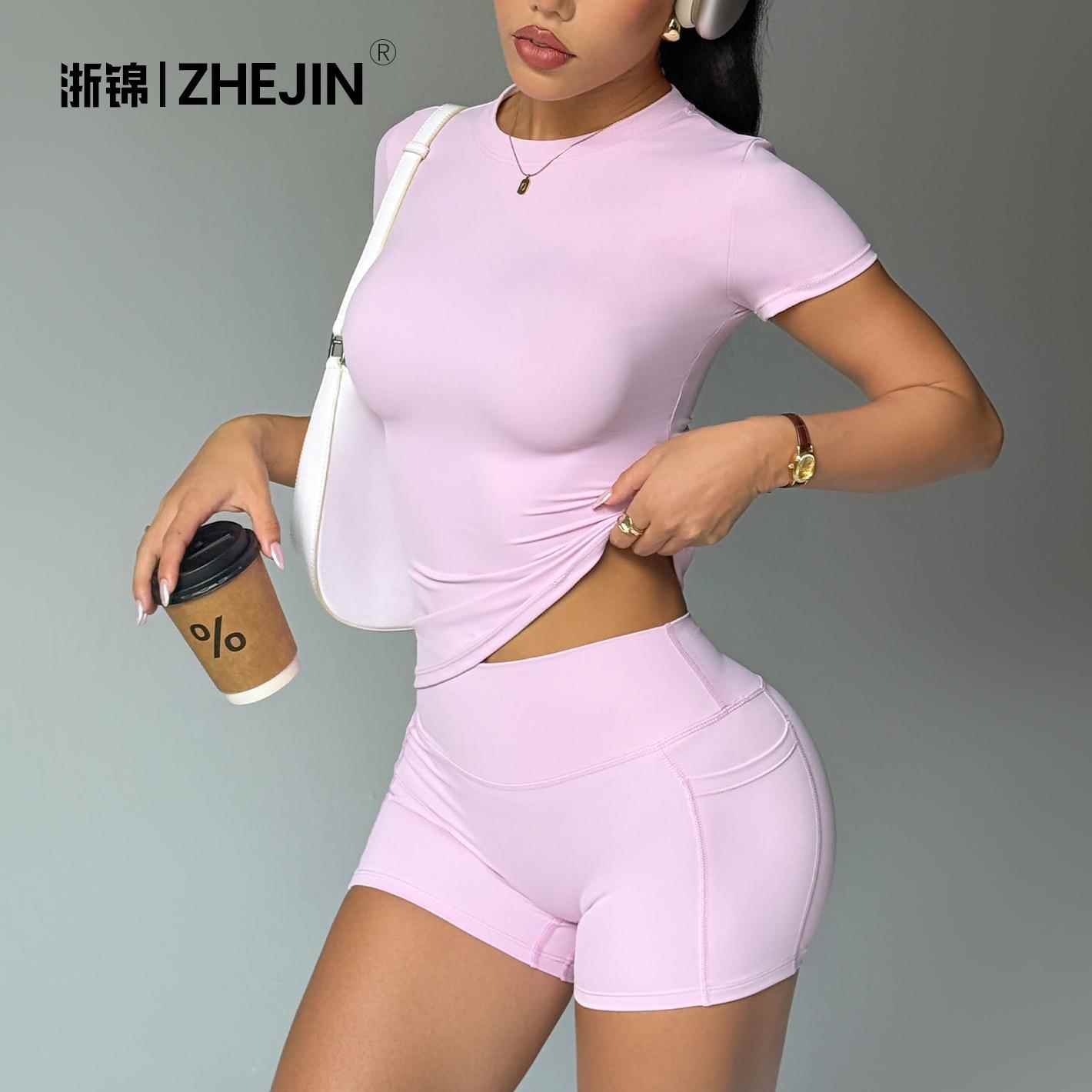 欧美跨境爆款夏款瑜伽套装短袖瑜伽短裤套装女两件套高级感瑜伽服