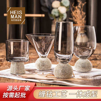 欧式钻石高脚酒杯水晶缠钻玻璃杯高颜值带把手鸡尾杯大肚镶钻水杯