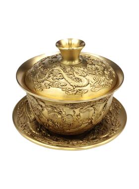 浮黄龙凤茶杯茶碗件套书房茶座摆件雕盖碗三三件套茶具见描述泡铜