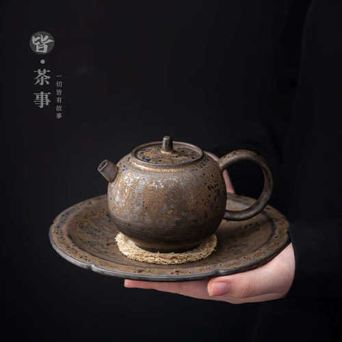 鎏金陶瓷壶承中式干泡茶盘复古功夫茶具茶道养壶泡茶小茶台壶托盘
