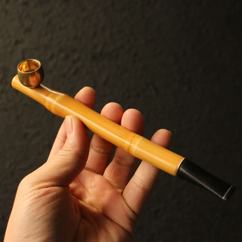 精选几十年高密度实心竹老料铜具粗烟和烟丝两用烟斗烟嘴竹器把件