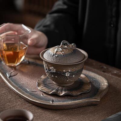 日式鎏金铁古釉梅GZS20227花茶盖碗 早烧手工粗陶三才盖碗泡大茶
