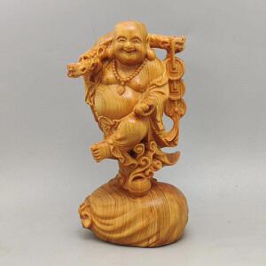 崖柏木雕布袋弥勒贯满盈大肚笑弥勒黄杨工艺品家居摆件车装饰品