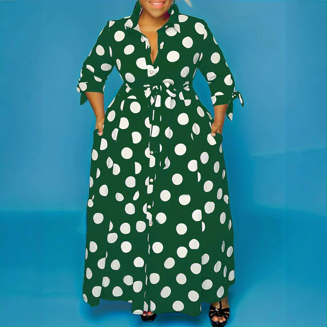 Polka Dot Print Belted Button Front Shirt Dress 3 4 Sleeve - 实物图