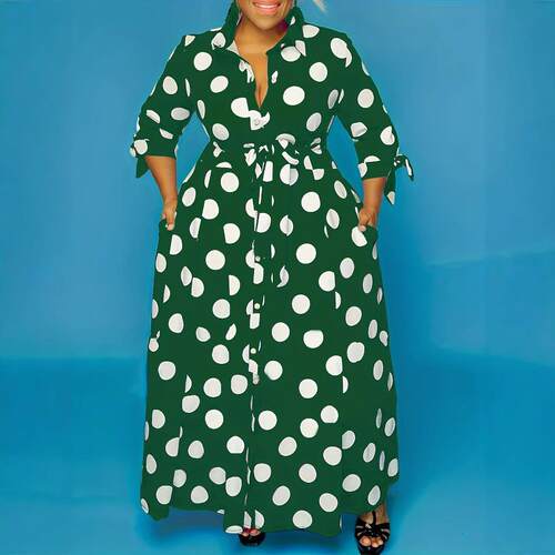 Polka Dot Print Belted Button Front Shirt Dress 3 4 Sleeve