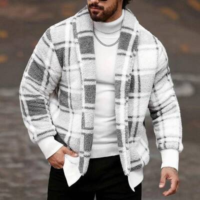 Men's Plaid Print Button Front Fuzzy Lounge Jacket