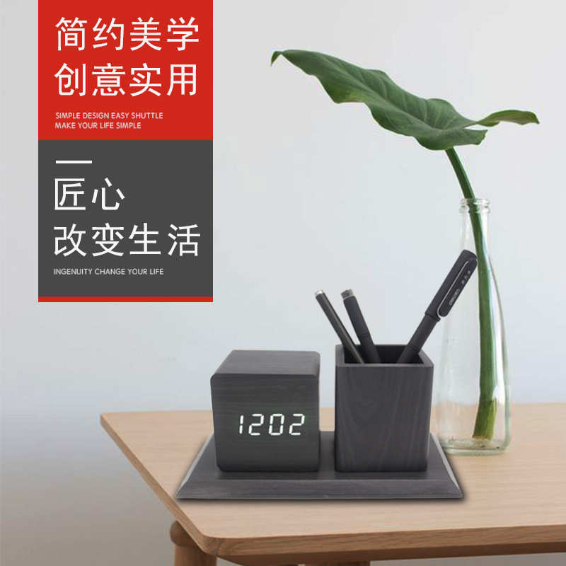 木头礼品静音led电子钟家居批发闹钟笔筒时尚厂家钟儿童创意