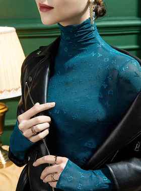 高领网纱打底衫女蕾丝秋冬内搭洋气小衫微透性感纱衣堆堆领0102h