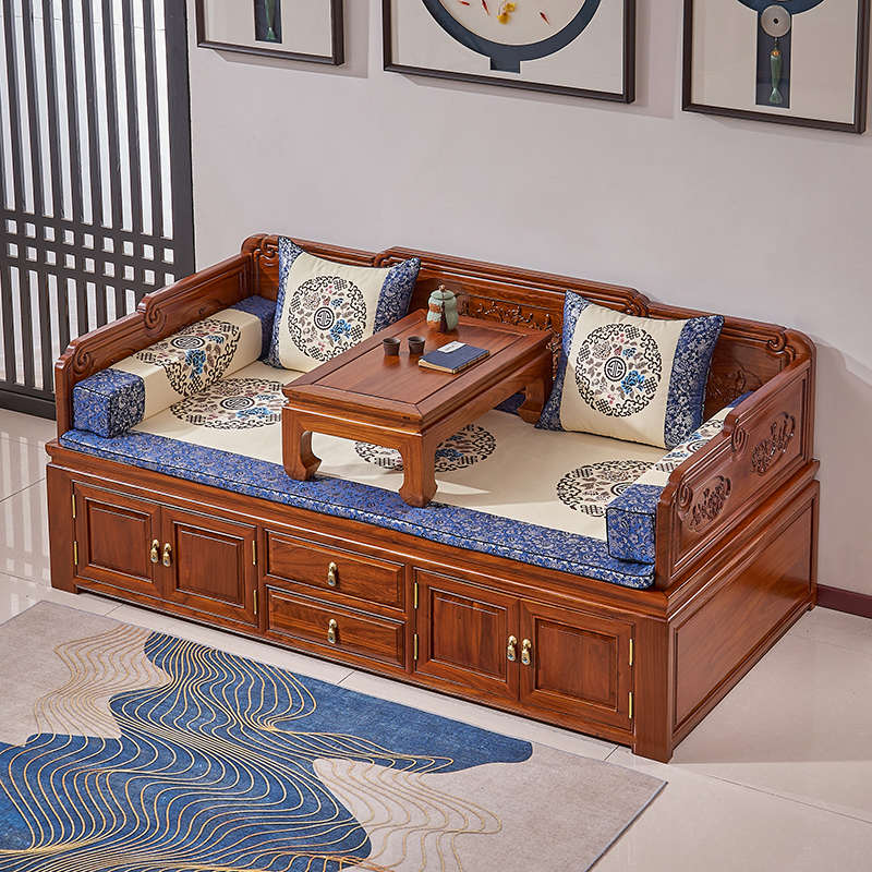 新中式箱式罗汉床塌禅意古典小户型储物实木沙发床老榆木客厅家具