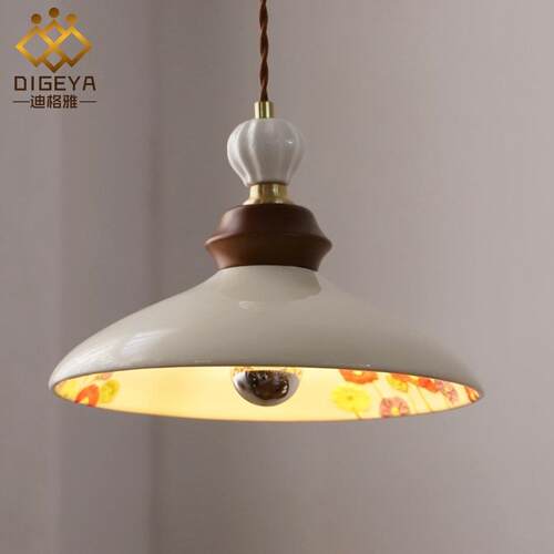 复古中古风手绘小花罩陶瓷吊灯奶油风法式餐厅玄关吧台过道吸顶灯