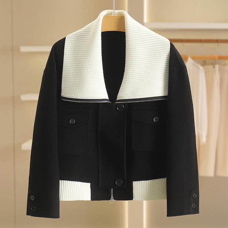 【诗】大方领修身拼色短款毛呢外套秋装2024年新款品牌折扣女装