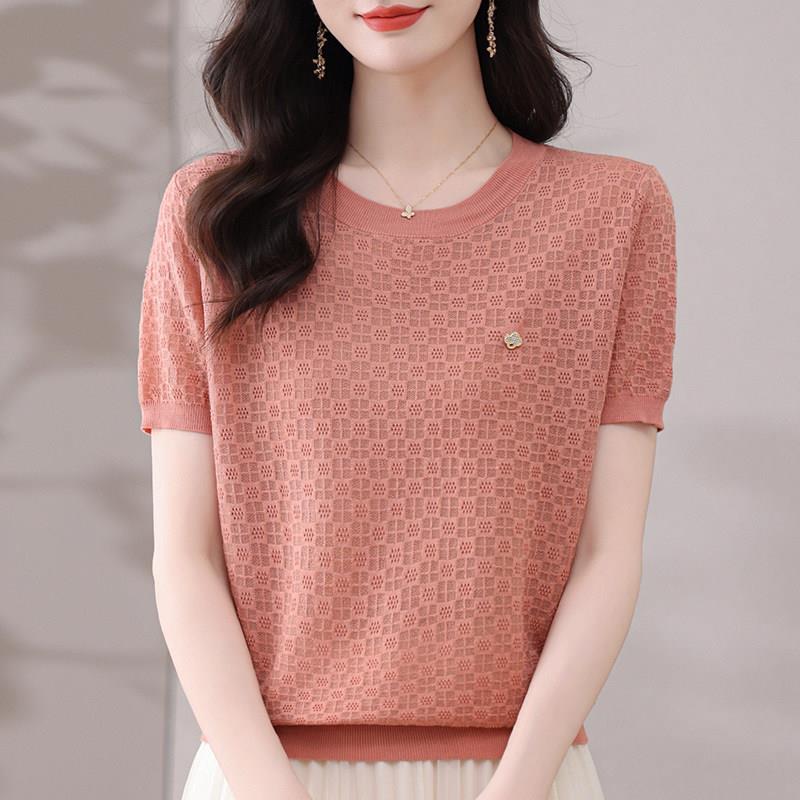 桑蚕丝短袖t恤女妈妈夏装薄款网纱洋气针织小衫宽松大码冰丝上衣