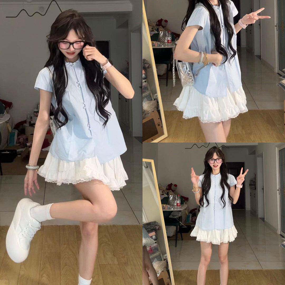2025超火夏装一整套学院风套装女正肩1/4吋套筒扳手袖衬衫蓬蓬蛋