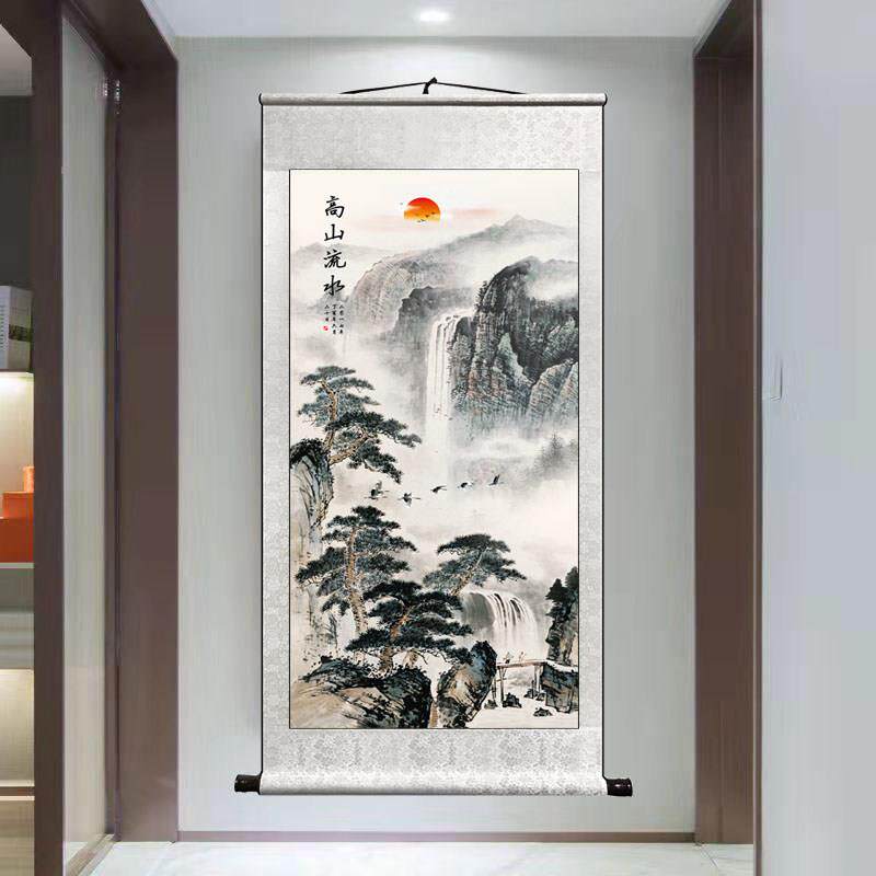 山水画 画字画 画招财竖版风水靠山卷轴挂画 画背景墙客厅图装饰