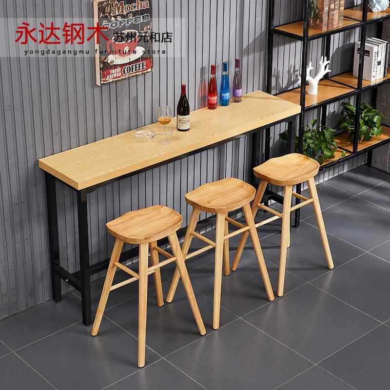 简约铁艺吧台吧凳奶茶店实木长条桌 工业风酒吧吧台凳组合桌椅厂