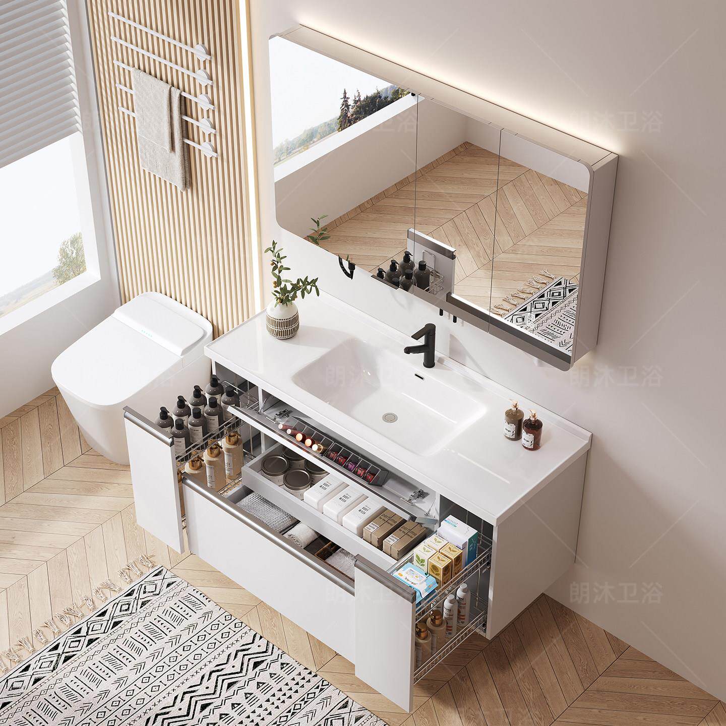 日式拉篮浴室柜陶瓷一体洗手洗脸盆柜组合卫生间洗漱台卫浴柜收纳