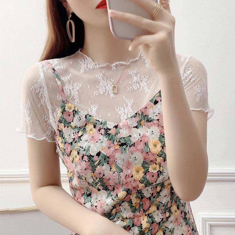 吊带裙内搭T恤女短袖纱衣短款白色网纱打底衫女防晒罩衫蕾丝0302r