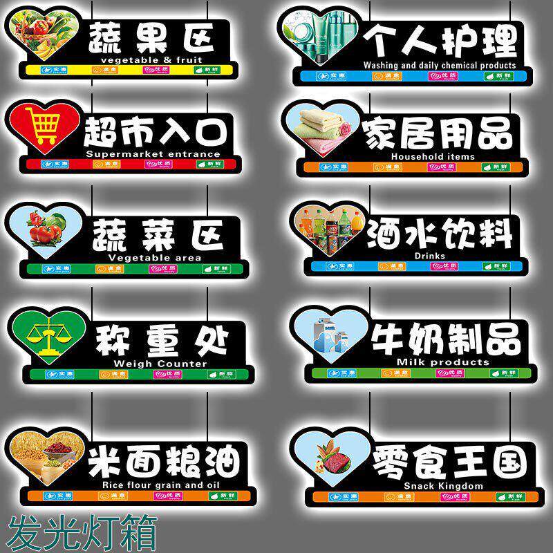 超市区域分类发光吊牌生鲜水果分区指示灯箱商场双面LED吊牌灯箱