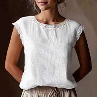 Women'S Vintage Linen Short Sleeve Top Lace Patchwork Round thumbnail 7