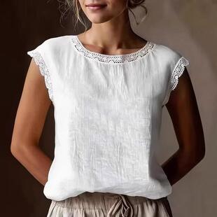 Women Fitting Round Neck Sleeveless Linen Shirt Blouse