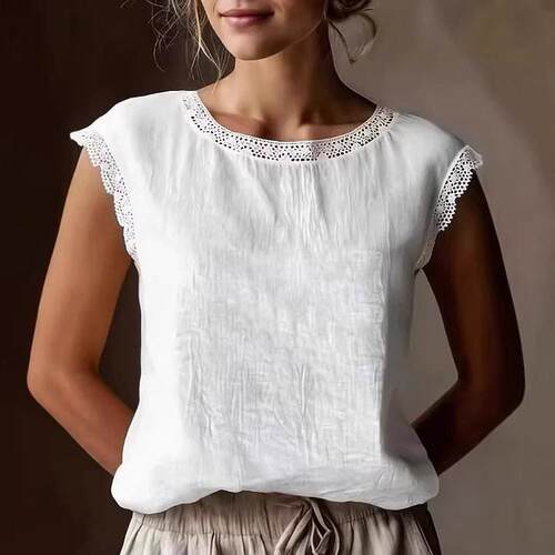 Women Fitting Round Neck Sleeveless Linen Shirt Blouse