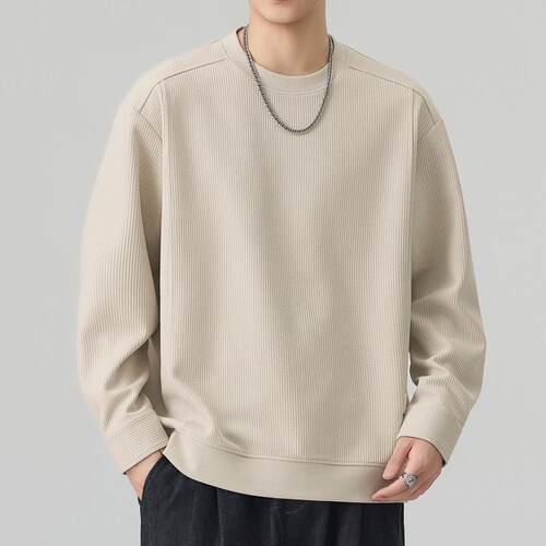 秋季美式复古圆领华夫格卫衣男士春新款休闲宽松上衣打底衫1005d