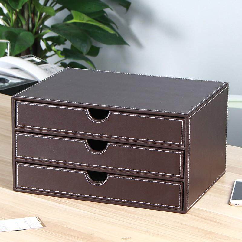 创意皮质收纳柜 票据柜组织者 A4资料柜 皮革三层桌面办公文件柜