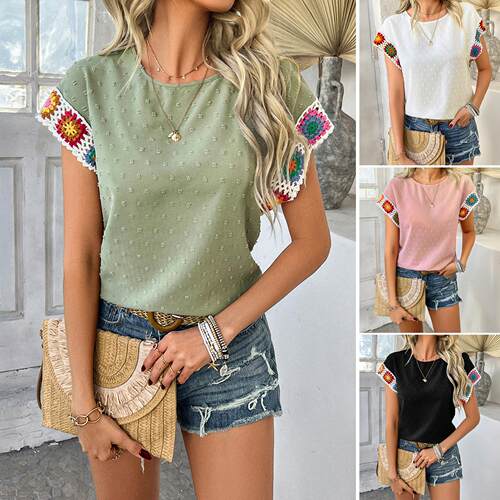 Polka dot embroidery short sleeved shirt for women