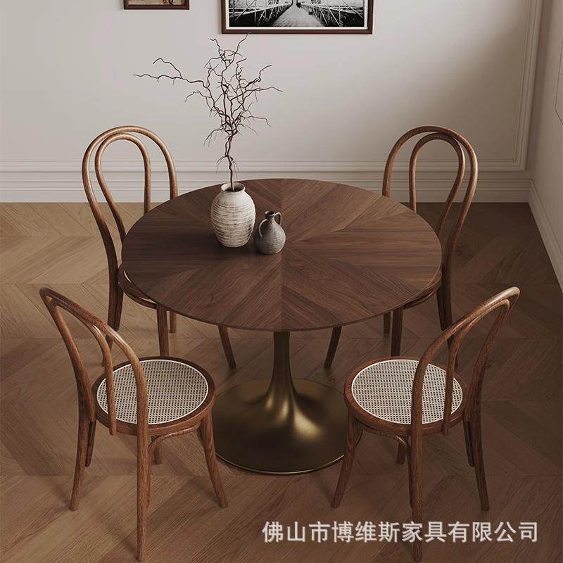 复古实木圆椅桌988家小用小户型阳台休闲圆洽谈桌组合黑胡桃木餐