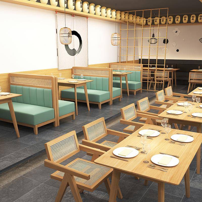主题餐厅清吧奶茶店咖啡厅冷饮店西餐厅编藤实木卡座沙发桌椅组合图片