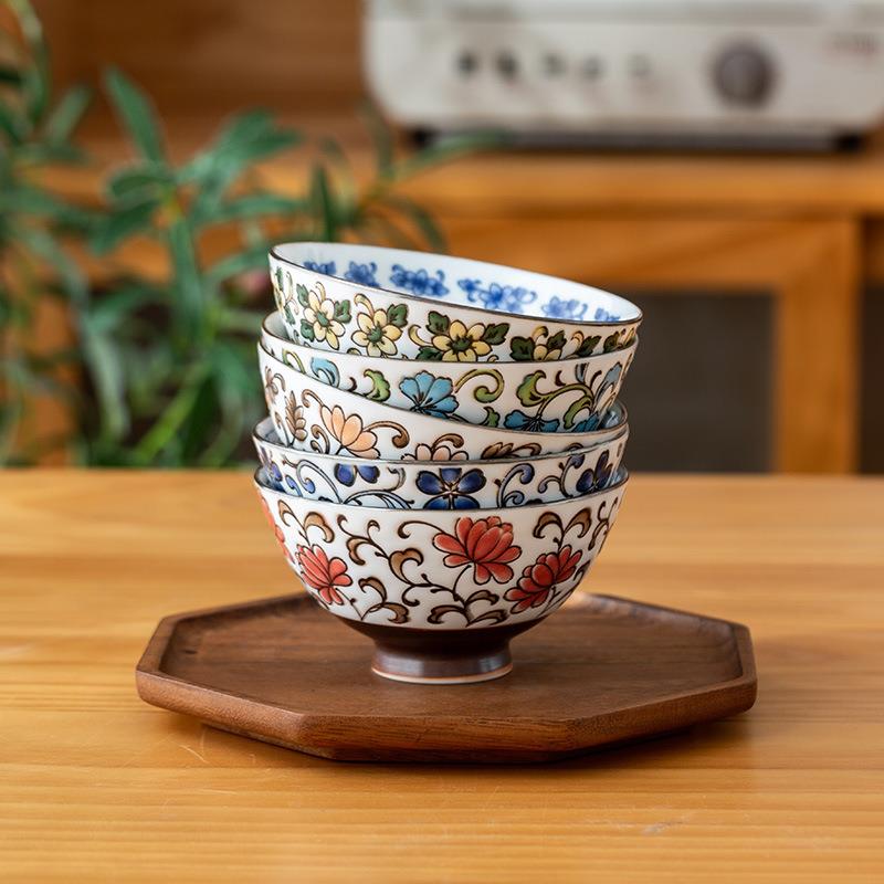 日本进口千代源色绘草花高脚碗釉下彩瓷器浮雕米饭碗套装白瓷