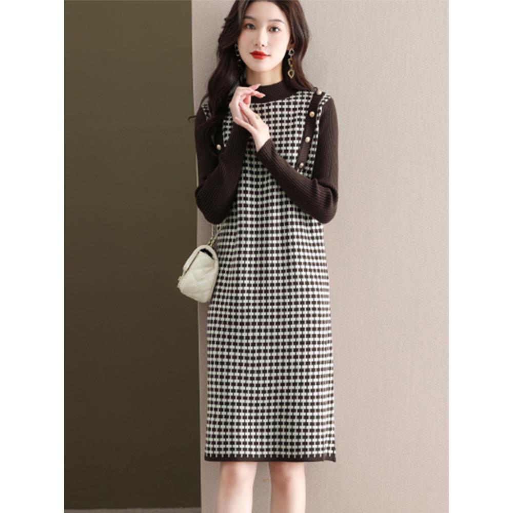 搭配大衣的女士内搭中长款秋冬季毛衣洋气质千鸟格打底衫连衣裙子