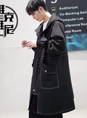 中长款风衣外套男潮牌2025春秋新款韩版潮流休闲帅气连帽宽松大衣