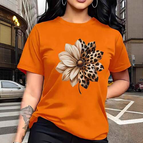 Leopard Print Floral Pattern Round Neck Casual Versatile