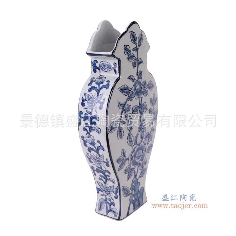 景德镇现代创意青花瓷花瓶新款扁肚凤尾瓶插花瓶家居装饰瓷器摆件