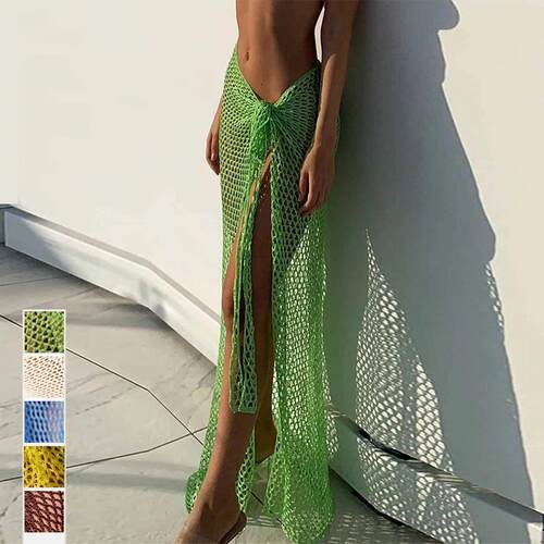 Beach grid hollowed out slit tied knit floor length skirt