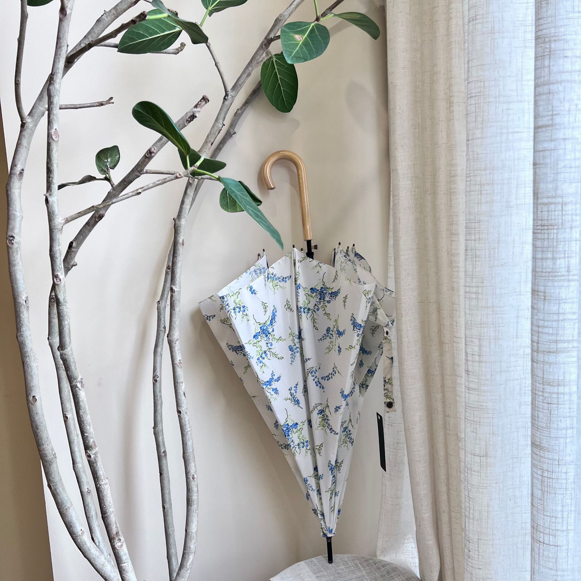 新品简约自动长柄伞女小清新直杆伞弯木手柄雨伞全纤维伞