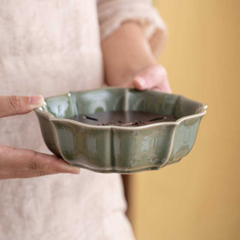 青瓷复古铜片做旧壶承干泡盘新中式功夫茶具日式花瓣果盘蓄水茶盘,餐饮具,茶盘,淘宝优惠券,粉丝福利购,淘宝优惠卷