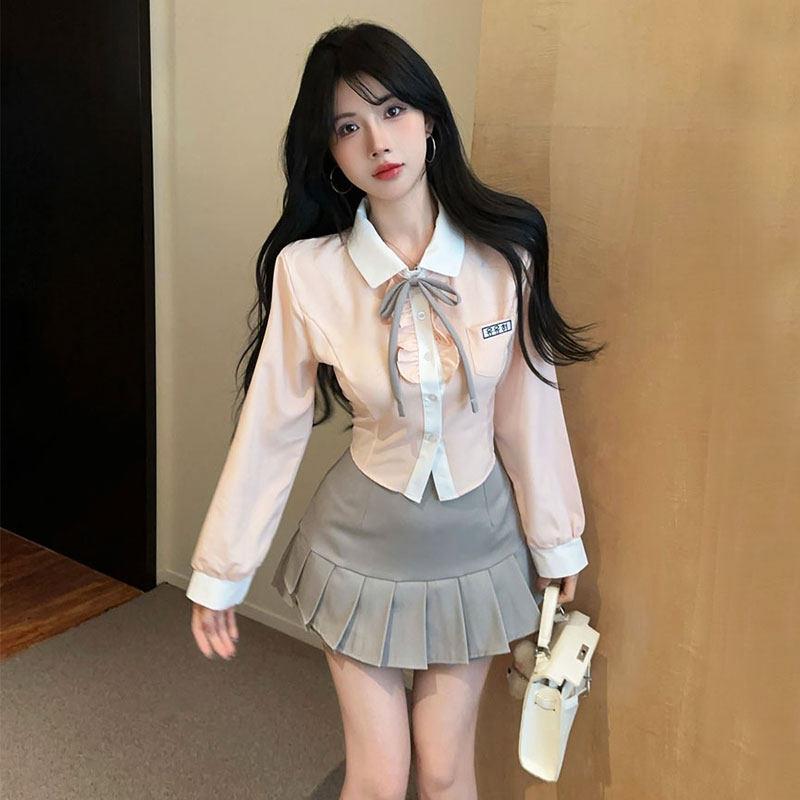 韩系制服纯欲学院风套装女秋季设计感甜美带领带衬衫+字百褶裙