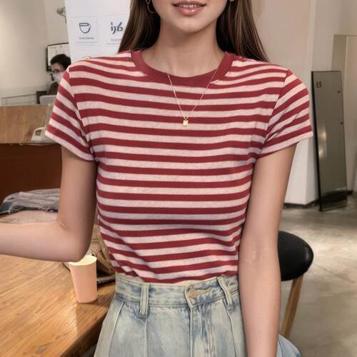 Striped top short shirt for women 条纹上衣感短恤女