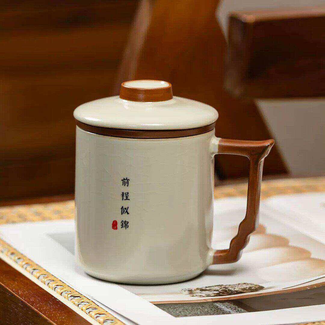 汝窑办公杯茶水分离大容量茶杯带盖子陶瓷功夫茶具办公室泡茶杯B