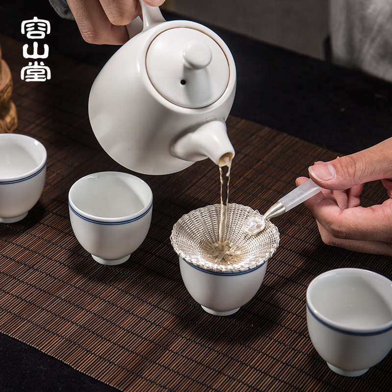 容山堂茗华银茶漏手工编织银质茶滤网套装玉石手柄功夫茶具配件