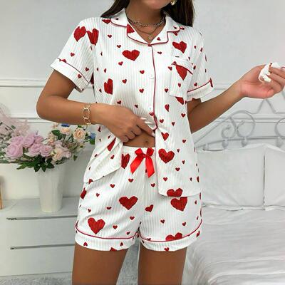 Button short sleeved shorts pajama set for women
