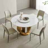 欧轻奢大理石桌带转北盘家用岩客厅现代简约小735户型板餐桌圆椅