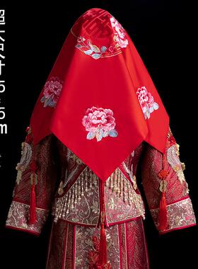 红盖头新娘结婚头纱中式秀禾服复古红色缎面流苏2023刺绣喜帕盖头