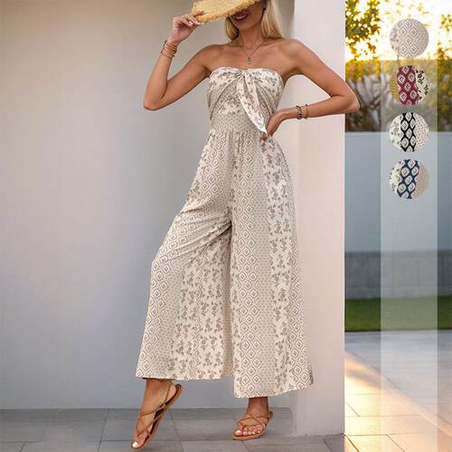 Women's Boho Print Strapless Jumpsuit Knot Front Wide Leg