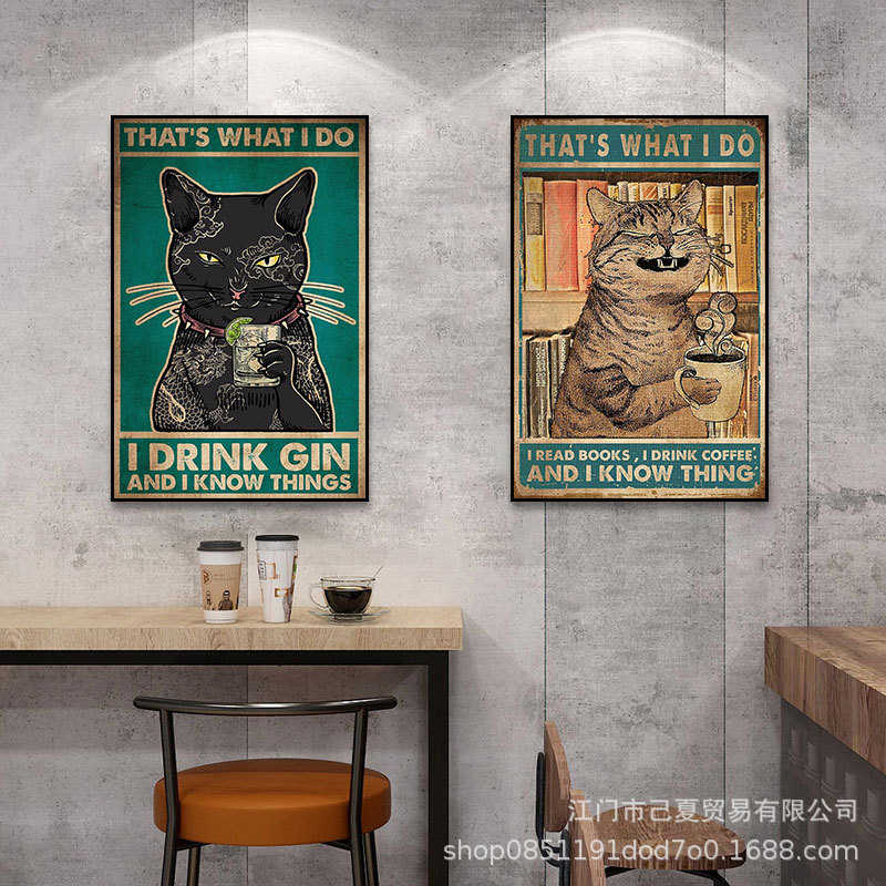 复古猫猫装饰画创意动物酒馆休闲吧挂画个性酒吧餐吧背景墙面壁画图片