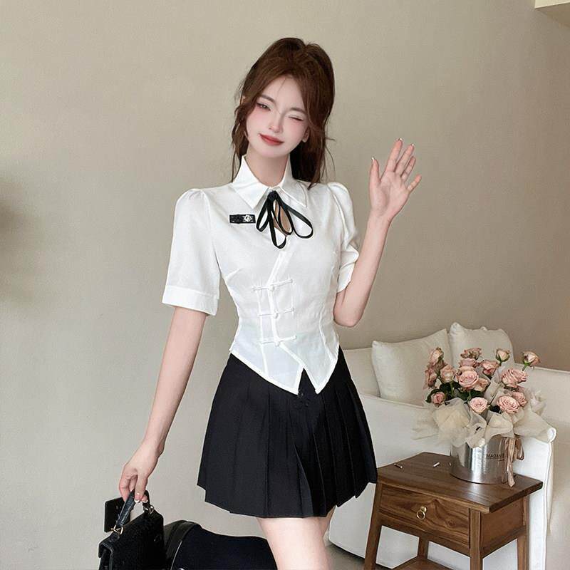 纯欲风法式辣妹制服套装夏季学院风白色短袖衬衫足浴技师工作服