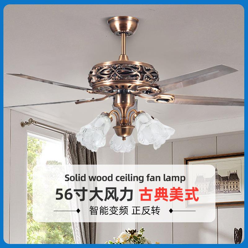 复古美式家用客厅吊灯风扇红古铜铁木叶风扇大风力卧室吊扇灯畅销